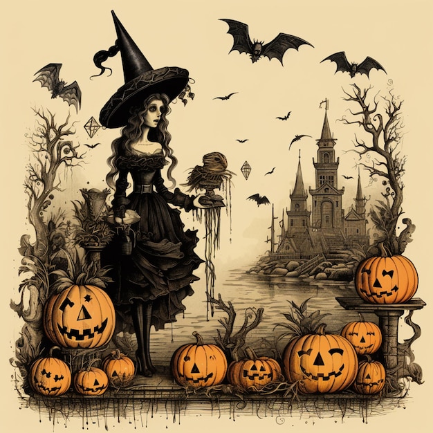 witch with pumpkins and bats in front of a castle generative ai