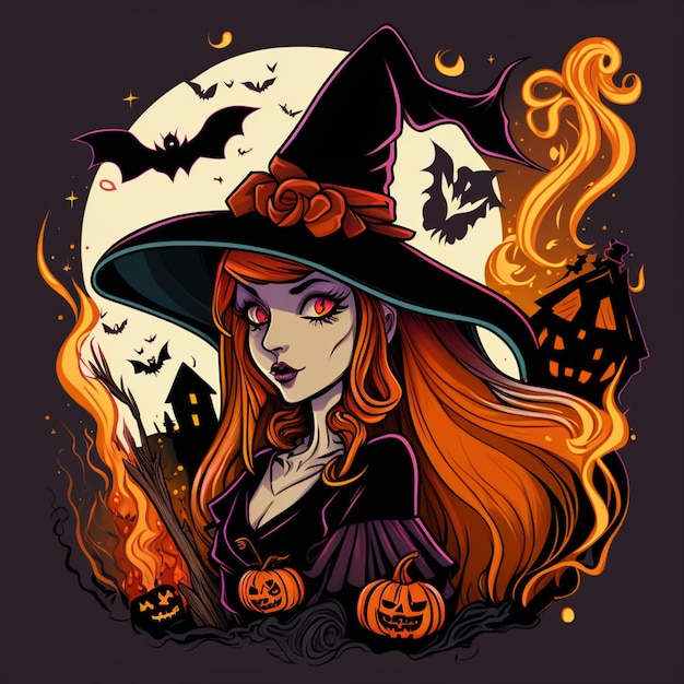 Witch with pumpkins and bats in front of a full moon generative ai