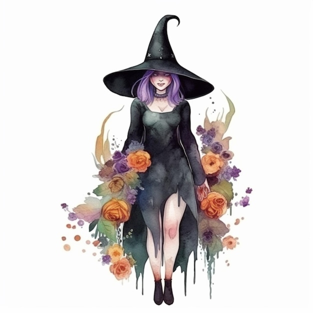 Photo witch with purple hair and black hat and flowers generative ai