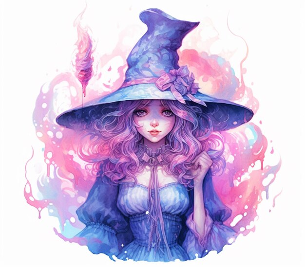 witch with purple hair and hat holding a wand generative ai