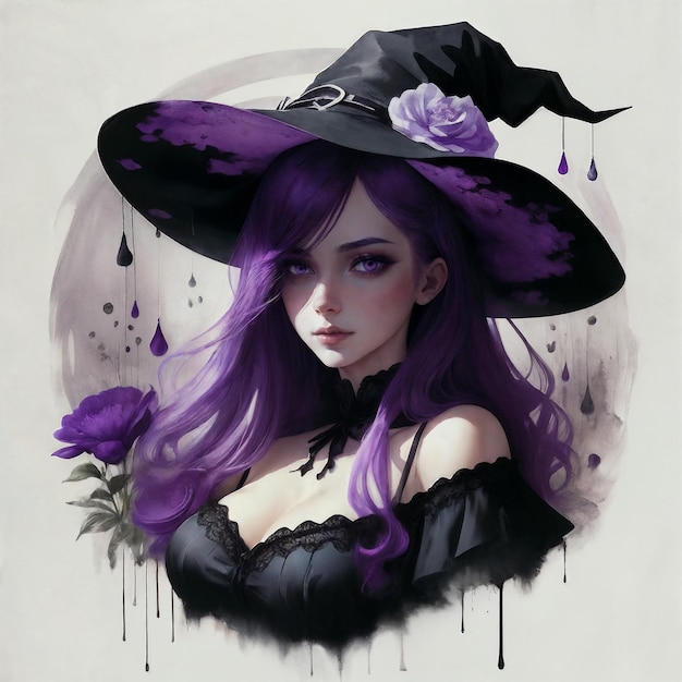 A witch with purple hair and a purple hat is posing in flowers for a photo