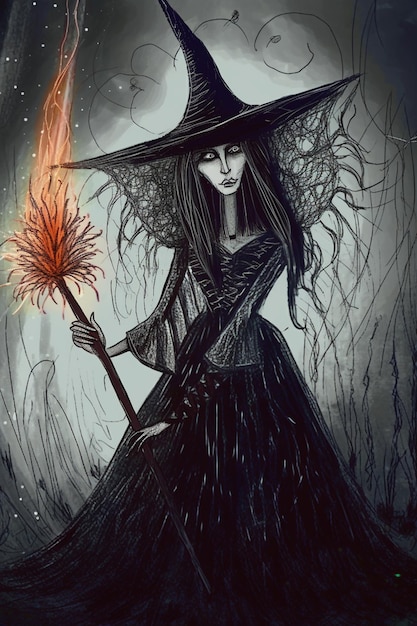 A witch with a red feather on her hat holds a broom in her hands.