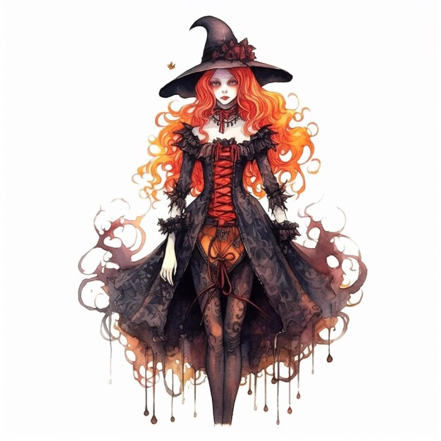 witch with red hair and black hat and dress with blood dripping down generative ai