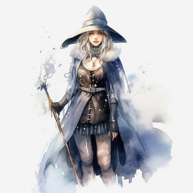 witch with a staff and a hat and a cloak generative ai