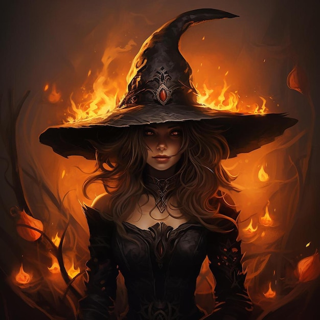 a witch with a witch hat on the head is surrounded by fire.