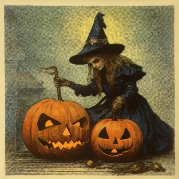 a witch with a witch hat and a pumpkin with a knife.