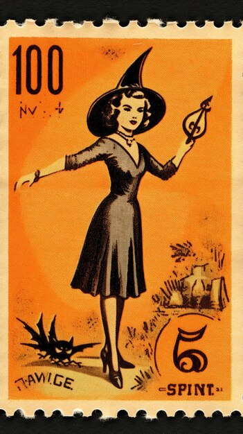 Witch woman cute postage stamp retro vintage 1930s halloweens pumpkin illustration scan poster