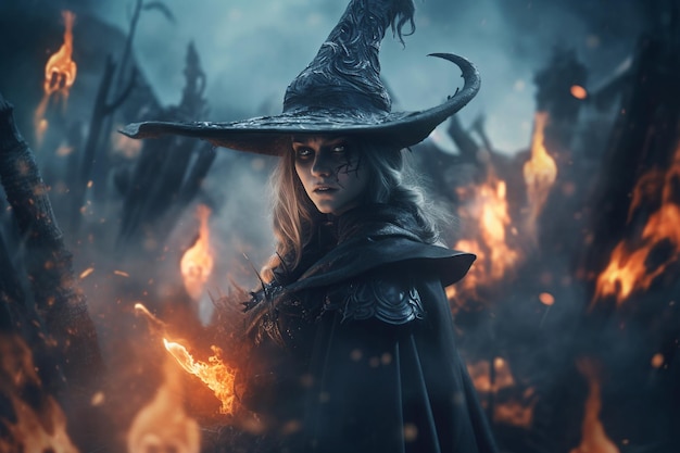 Witch Woman endowed with witchcraft abilities that she received from nature or learned to witch Broom familiars pointed hat cauldron Capable of harming people sending disease Generative AI