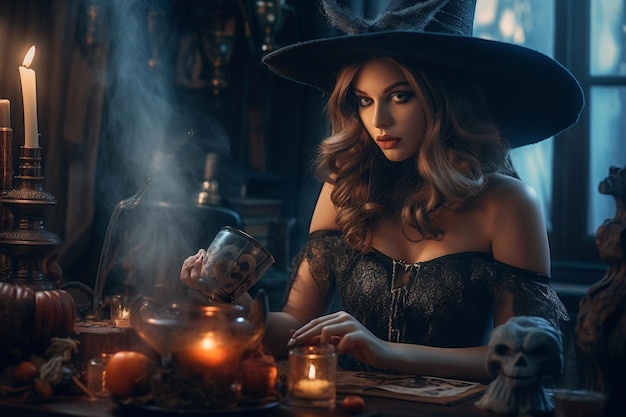 Photo witch woman endowed with witchcraft abilities that she received from nature or learned to witch broom familiars pointed hat cauldron capable of harming people sending disease generative ai