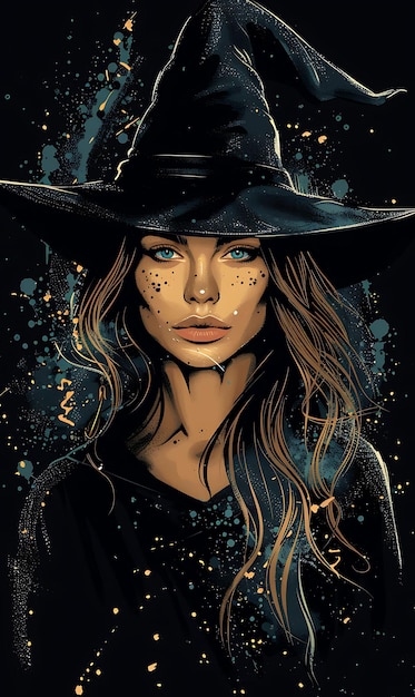 尖った帽子と黒いコートをかぶった女巫の肖像画 Tシャツデザインアートタトゥーインクフレーム