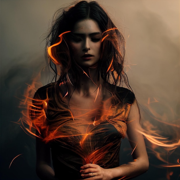 火のファンタジーの肖像画を持つ魔女の女性