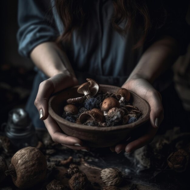 Foto stregoneria mani di streghe femminili che tengono i funghi da vicino immagine generata dall'ai