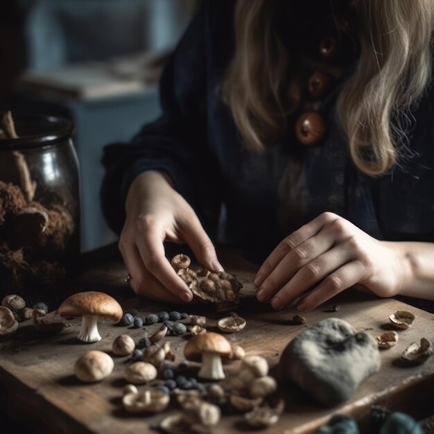 Foto stregoneria mani di streghe femminili che tengono i funghi da vicino immagine generata dall'ai