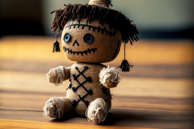 Photo witchcraft voodoo doll with spooky head on wooden table