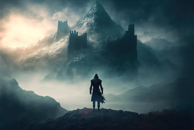 A Witcher stands in front of an epic foggy landscape with a huge mountain castle generative ai