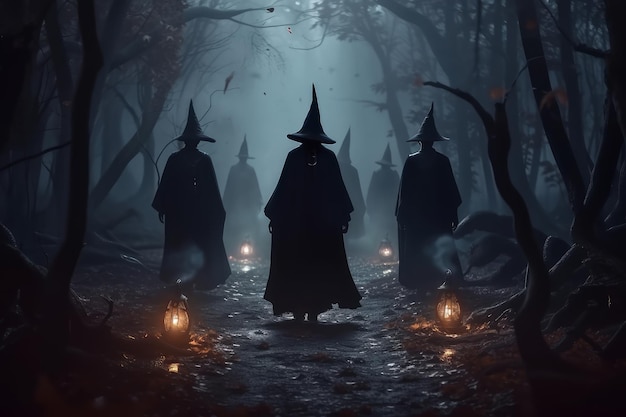 Witches in black cloaks perform a dark ritual in an ominous forest Perfect for Halloween and witchcraft themes Created with 3D illustration