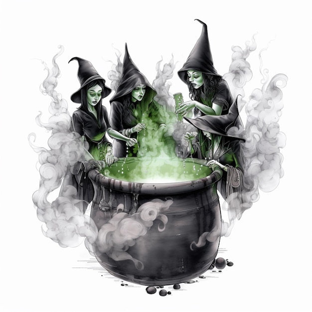 Witches in a cauld with boiling caulds and smoke generative ai