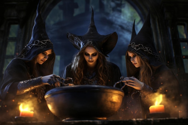 witches gathered by a cauldron brewing their potions and casting their spells