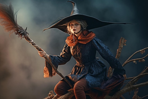 Witches tale fantasy Halloween otherworldly forces hat conjuring making witchcraft Magician Medieval dress silk clothes Sorcery brewing a potion A gloomy dramatic background Generative AI