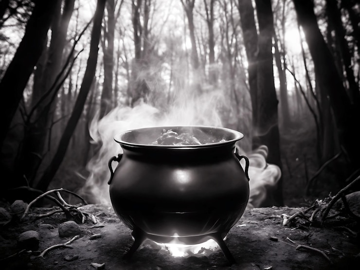 Photo a witchs cauldron bubbles with red glowing liquid in a creepy halloween forest