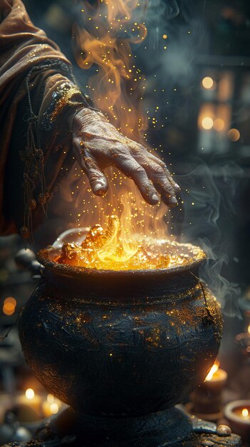 Witchs hands over a bubbling cauldron