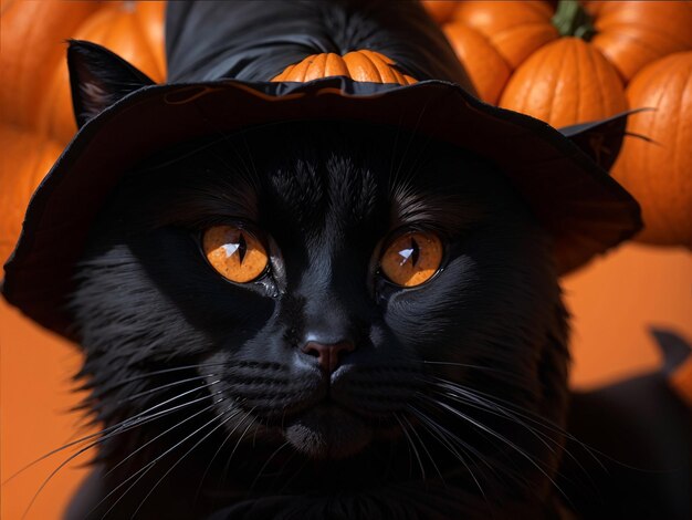 Witchy Black Cat with Orange Pumpkins