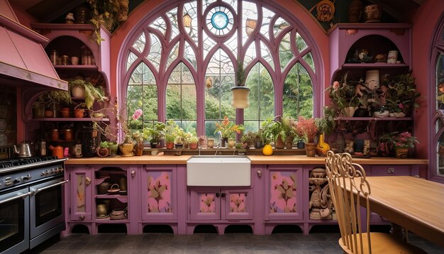 Witchy distressed hot pink cabinets in a Victorianboho kitchen