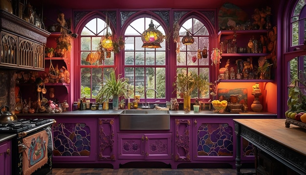 Witchy distressed hot pink cabinets in a Victorianboho kitchen