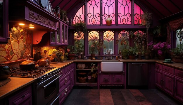 Photo witchy distressed hot pink cabinets in a victorianboho kitchen