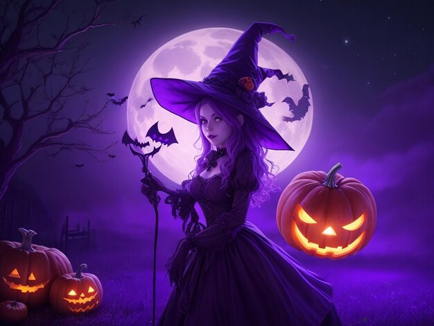 Photo a witchy halloween scene with a pumpkin overlay and a vibrant light illuminating the night