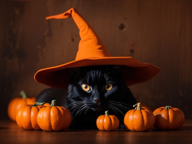 Witchy zwarte kat met oranje pompoenen