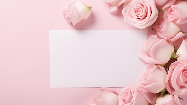 Фото С верхний вид свадьбы макет и розовые розы между пустой картой отображается генеративный ии