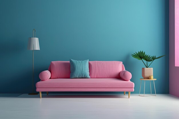 With a blue background and a pink sofa