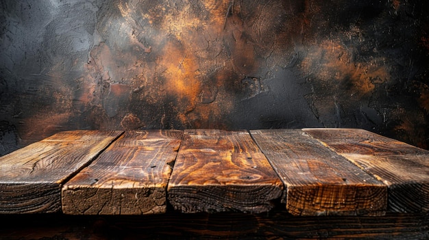 Foto con uno sfondo nero sfocato della parete un tavolo di legno è libero per la visualizzazione di prodotti
