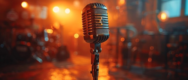 With bokeh lights and a vintage microphone on stage