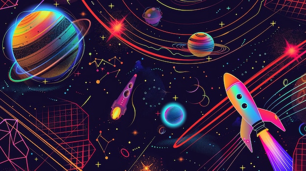 С ярким неоновым цветом фона и 3D сетчатыми элементами внешнего космоса ракеты космические корабли спутники и спутники этот шаблон плаката в модном стиле y2k