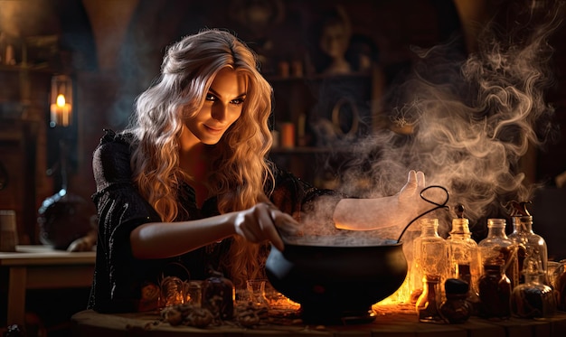 With a cackling laugh the witch stirred the bubbling cauldron the steam rising as the potion took shape