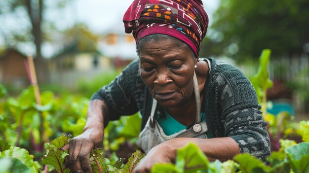 With care and attention to detail the African American woman ensures that the beets are free from debris embodying the spirit of selfreliance and sustainability in the city garden