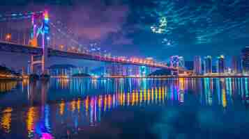 Photo with the city asleep below gwangan bridge remains awake its lights casting a mesmerizing reflection upon the waters of busan south korea creating a scene of unparalleled wonder and beauty