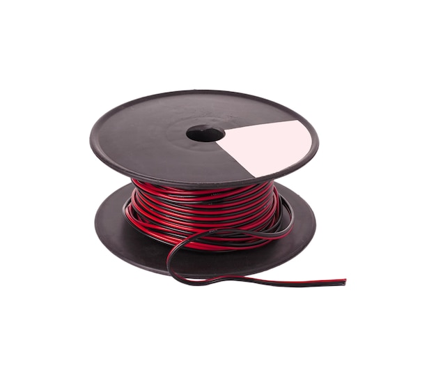 With color copper electric cable reel on white background