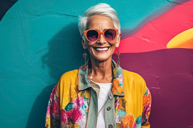 With contagious laughter the vibrant grandmother lady adorns herself in a kaleidoscope of colors radiating joy AI Generated