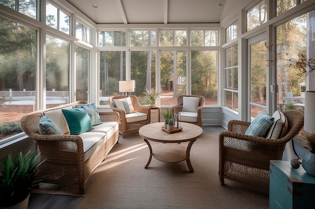 With a contemporary screen porch and patio furniture and summery woodlands in the distance
