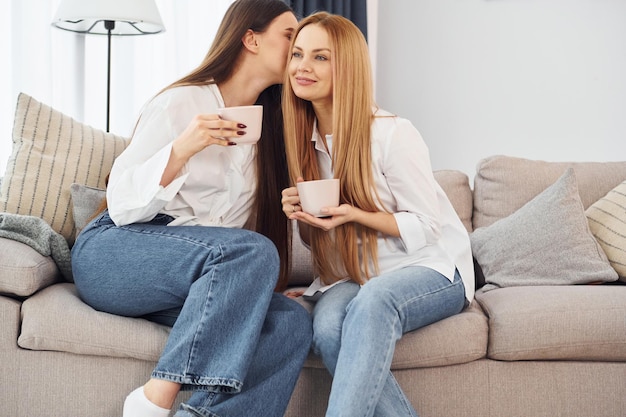 With cups in hands Young mother with her daughter is at home at daytime