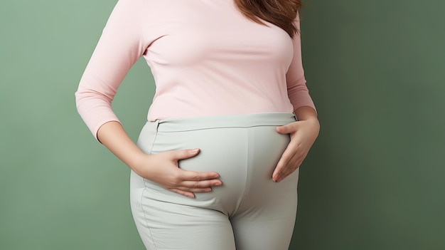 With delight an expectant mother cradles her abdomen