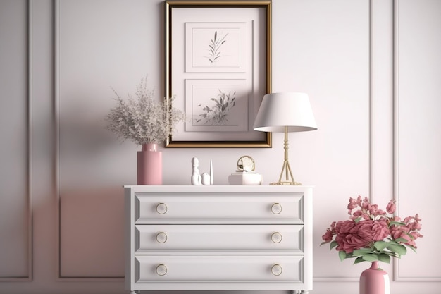 With a dresser console sofa furniture lamp flower gifts frame and picture the room is modern and traditional white mock up for an illustration