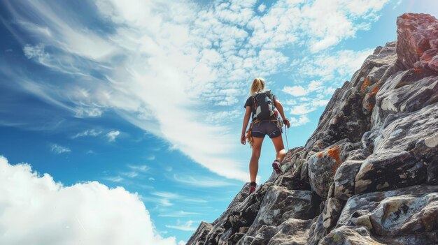 산 꼭대기에 올라가는 여성은 앞에 있는 도전으로 인해 힘과 결단력이 커지는 것을 느니다.