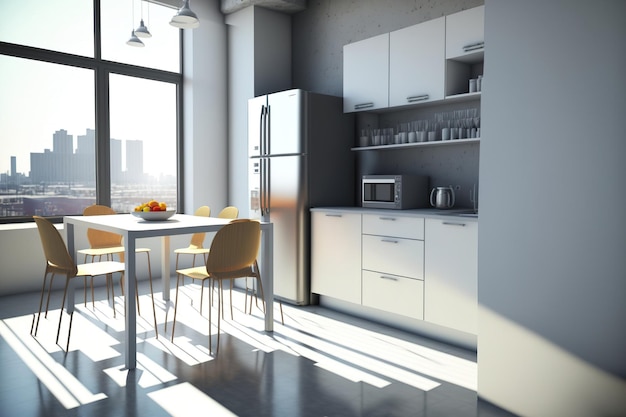 With furniture and a city view the inside of a modern light kitchen concept for design and style