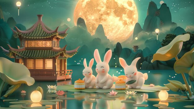 With giant full moon in the back and rabbit family at mooncake house on lotus leaf celebrating Mid Autumn Festival