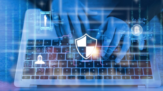 グローバルネットワークセキュリティ技術で ビジネスマンが個人情報を保護します 仮想インターフェースのパッドロックアイコンで暗号化します サイバーセキュリティコンセプト