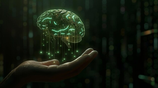 With glowing title on palm scientist a circuit board in shape of an electronic brain with an ai symbol hanging over the hand Symbol of computer neural networks or artificial intelligence in neon